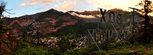 Box-Canyon-Sign-Ouray Sunset from the Box Canyon sign above Ouray, CO