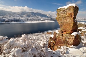 Boulders in the snow at Horsetooth Reservoir