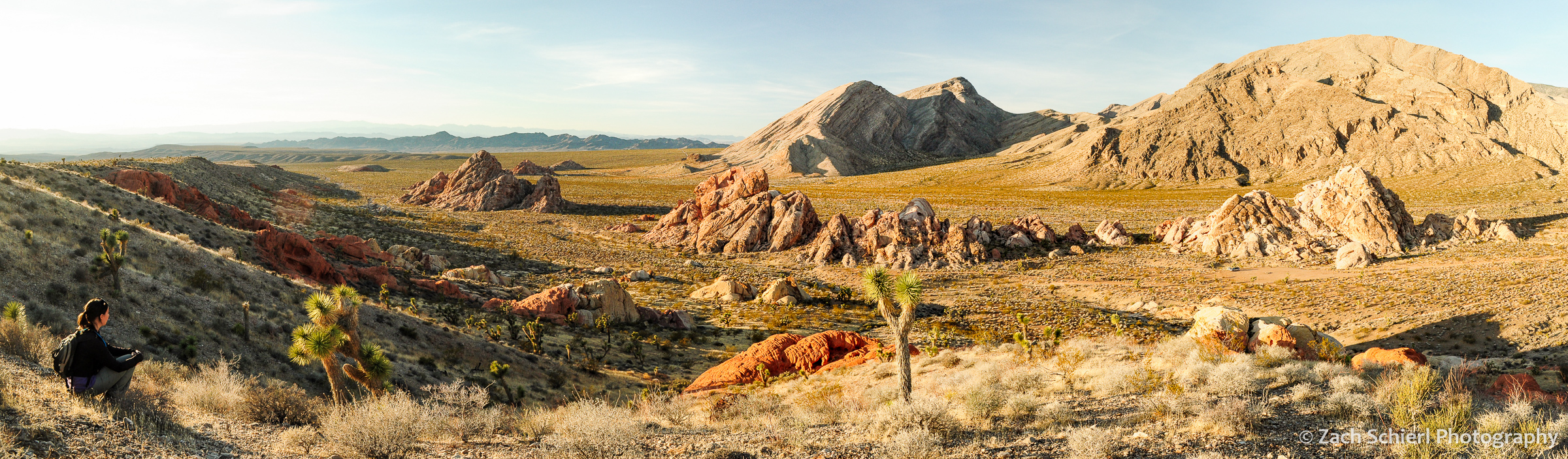 Late afternoon sunlight on sandstone rock formations and desert mountains