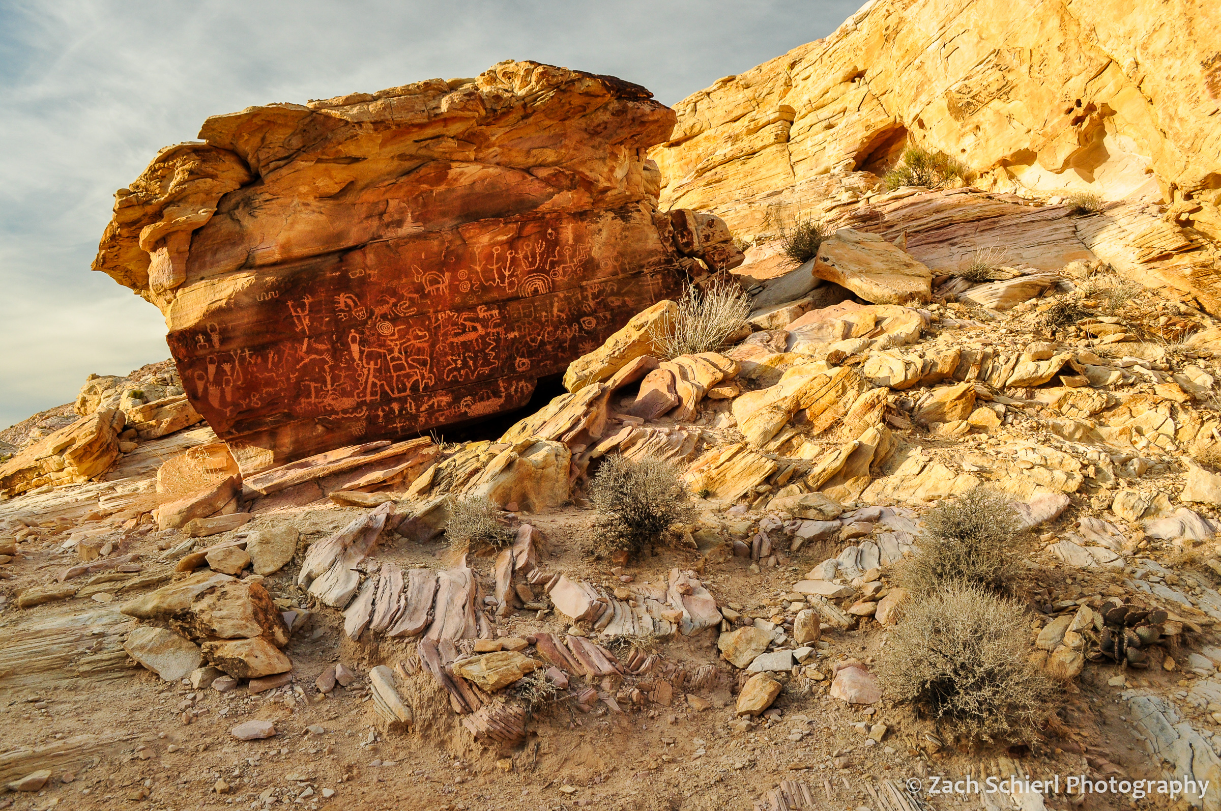 A large sandstone boulder containing numerous petroglyphs.
