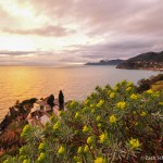Colorful clouds and sea at sunset in Manarola.
