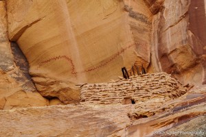 Cliff dwelling in a cliff alcove surrounded by pictographs.