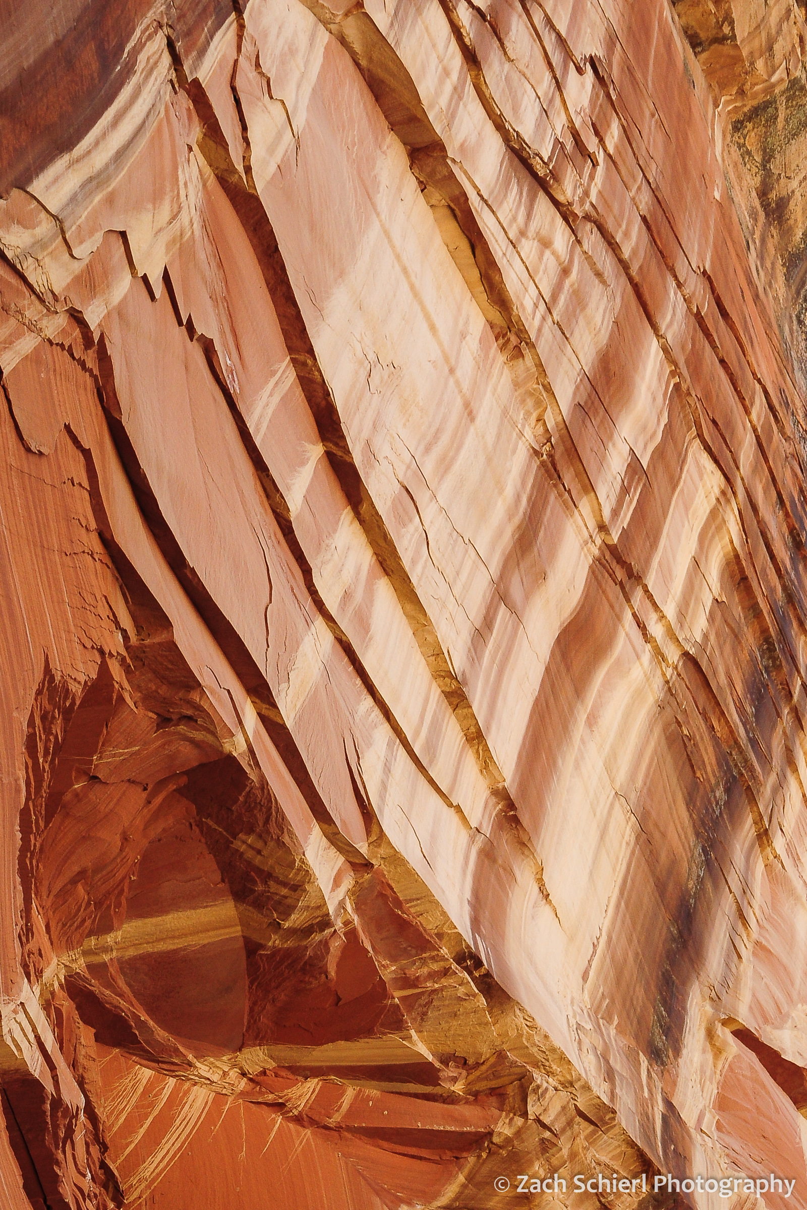 Streaks of mud and desert varnish coat a sandstone cliff
