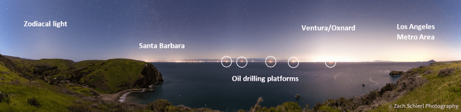 Nighttime image of Light Pollution from Santa Cruz Island with sources labeled