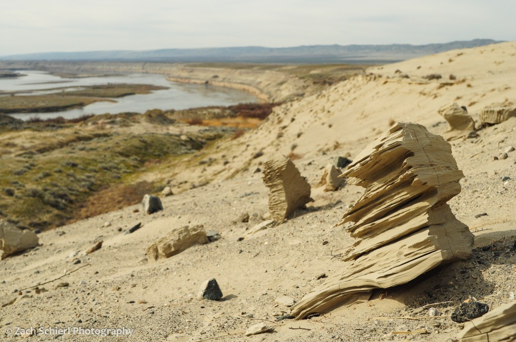 Rocks sculpted by the wind sit on the ground with a view of a large river in the background