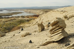 Rocks sculpted by the wind sit on the ground with a view of a large river in the background