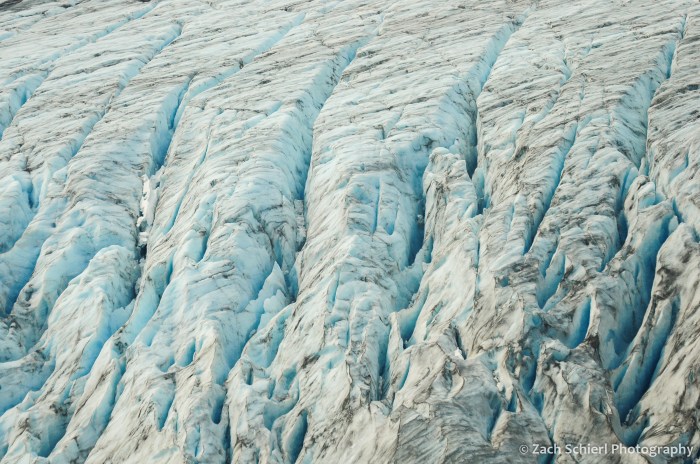 Deep fissures in glacial ice
