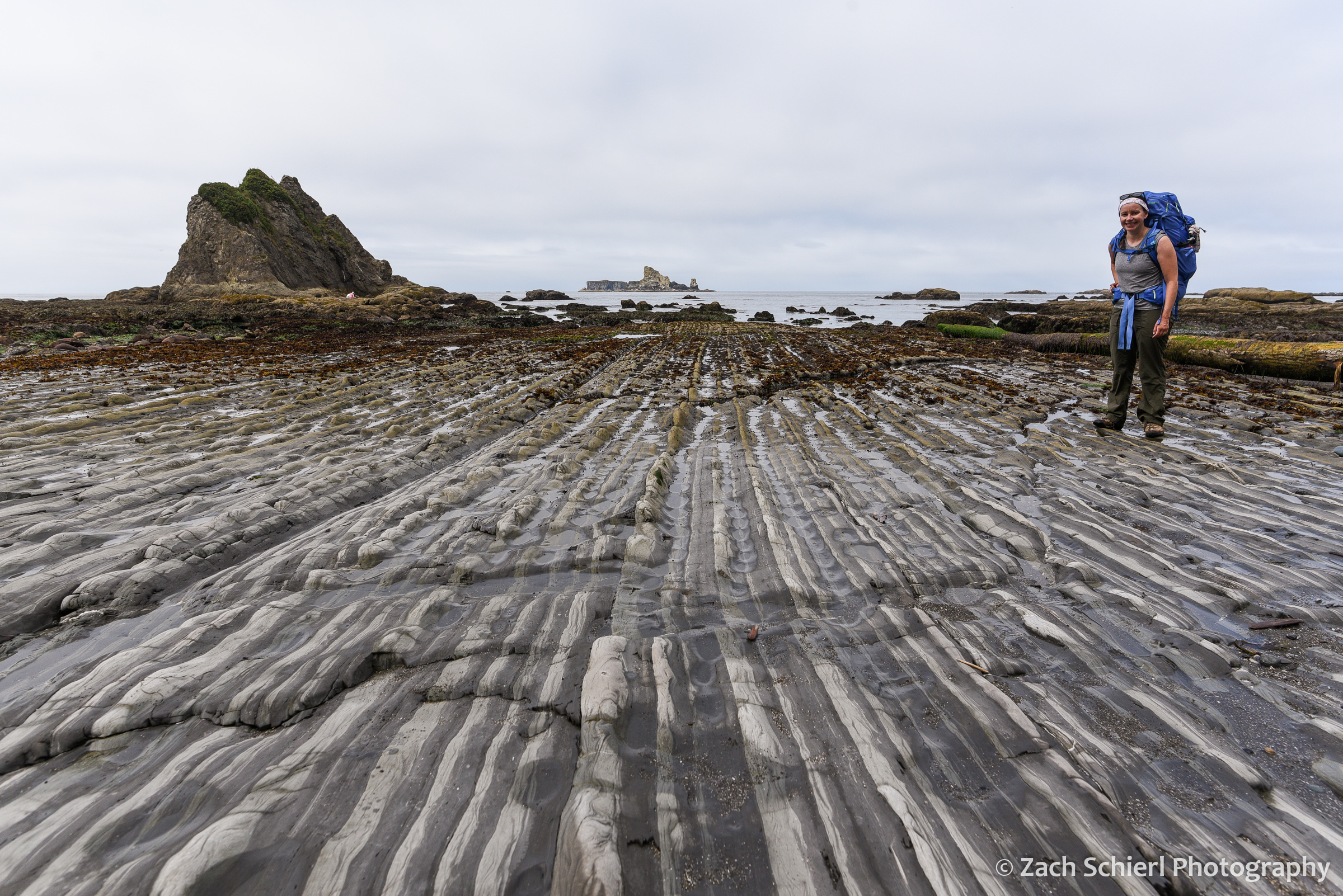 Alternating bands of dark and light colored rock stretch to the horizon along the coastline.