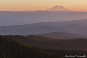 The sky is filled with pink, orange, and purple as the sun sets on a forested scene