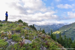 A hiker stands atop a ridge looking out onto grassy meadows and mountains