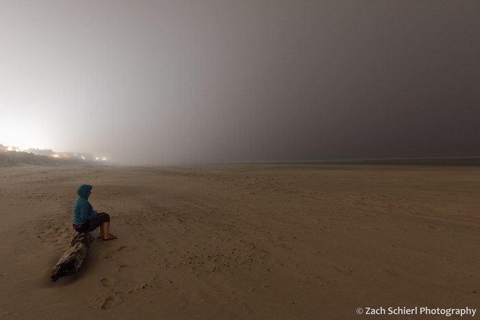 A person sits on a log on a sandy beach. Lights of a city are seen in the background reflecting off a thick layer of fog. 
