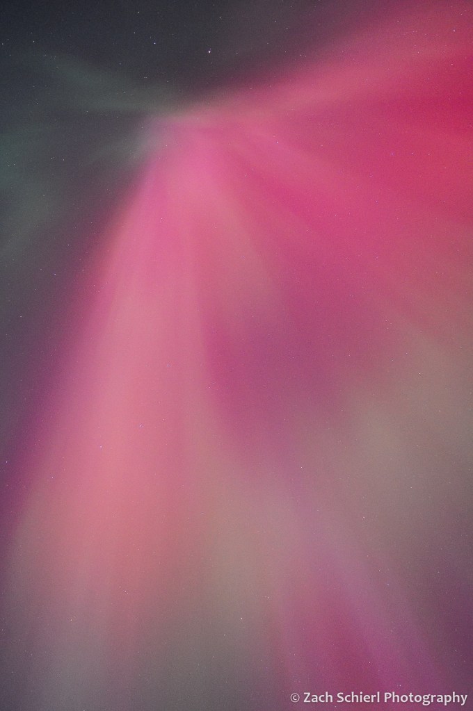 Curtains of pink and green lights fill the night sky