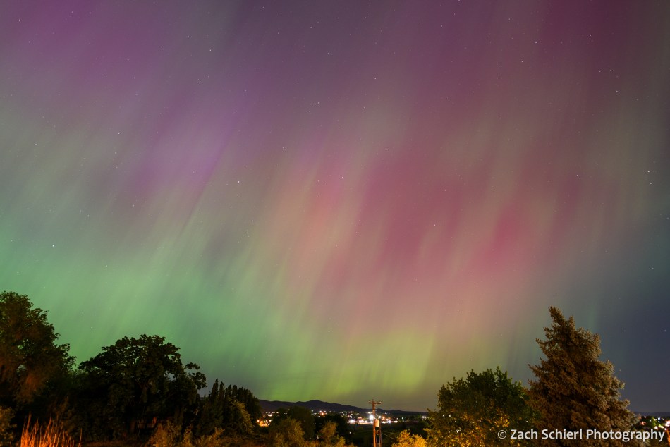 Curtains of purple, pink and green lights fill the night sky